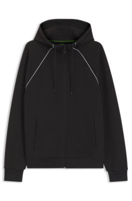 Piping-detail zip-up hoodie in a cotton blend, Black