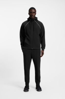 Sudadera con capucha y cremallera en algod&oacute;n con detalles de ribetes, Negro