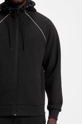 Sudadera con capucha y cremallera en algod&oacute;n con detalles de ribetes, Negro