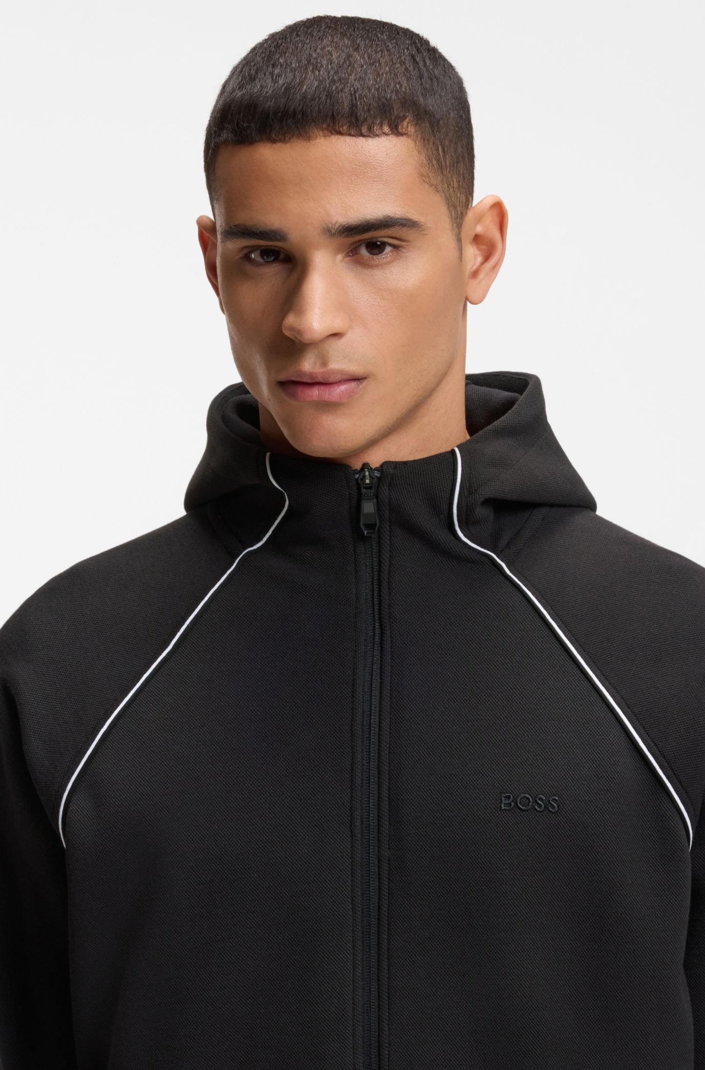 BOSS - Piping-detail zip-up hoodie in a cotton blend - Black