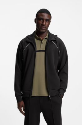 Sudadera con capucha y cremallera en algod&oacute;n con detalles de ribetes, Negro