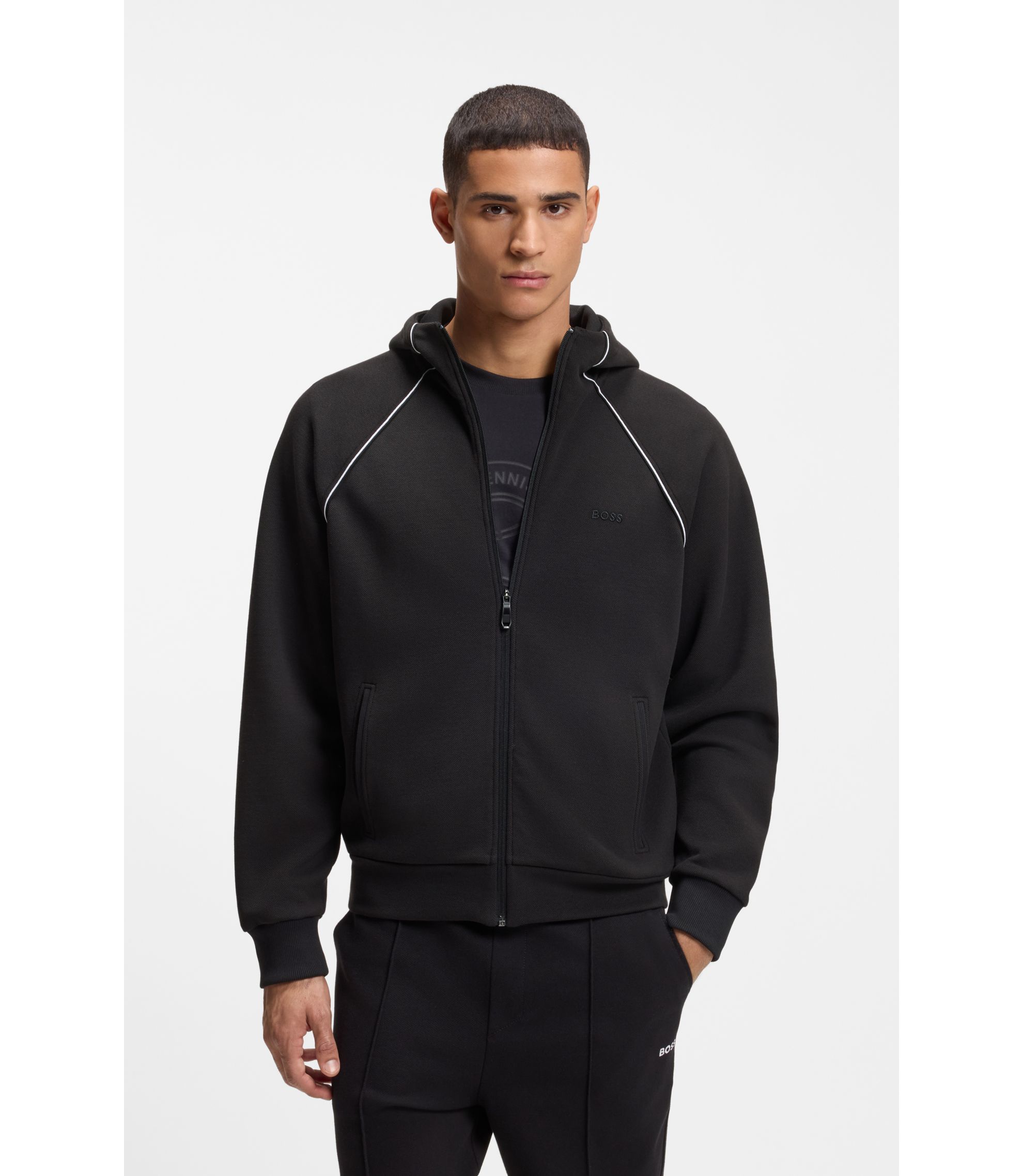 BOSS - Piping-detail zip-up hoodie in a cotton blend - Black