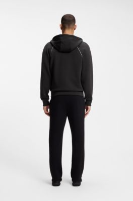 Sudadera con capucha y cremallera en algod&oacute;n con detalles de ribetes, Negro