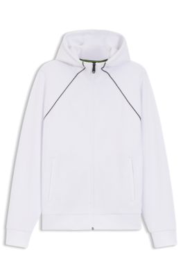 Sudadera con capucha y cremallera en algod&oacute;n con detalles de ribetes, Blanco