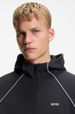 Piping-detail zip-up hoodie in a cotton blend, Dark Blue