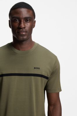 Cotton T-shirt with logo and stripe, Khaki