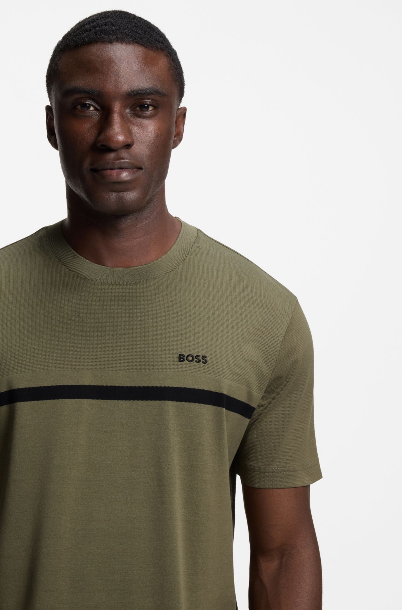 BOSS - Cotton T-shirt with logo and stripe - Khaki
