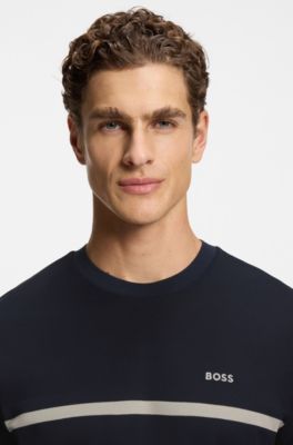 Camiseta de algod&oacute;n con raya y logo, Azul oscuro