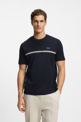 Camiseta de algod&oacute;n con raya y logo, Azul oscuro