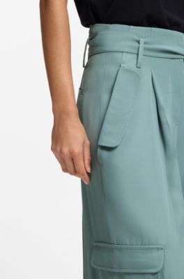 Pantalones relaxed fit con cinturilla fruncida en sarga drapeada, Azul