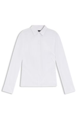 Blusa slim fit de popel&iacute;n de algod&oacute;n de planchado f&aacute;cil, Blanco