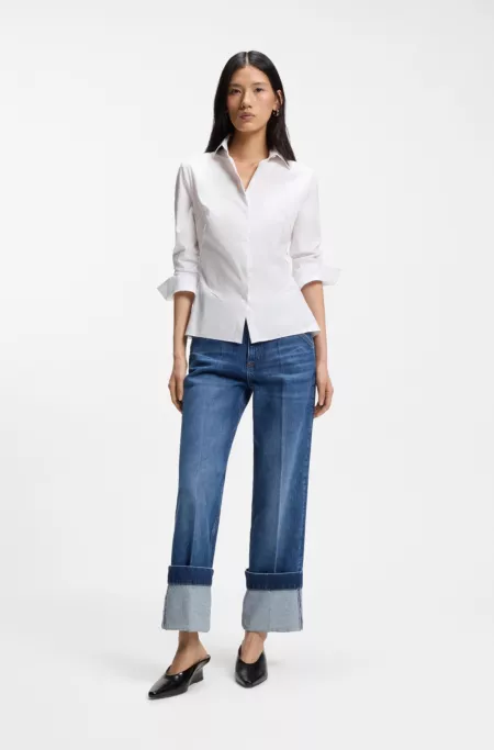 Easy-iron slim-fit blouse in cotton-blend poplin