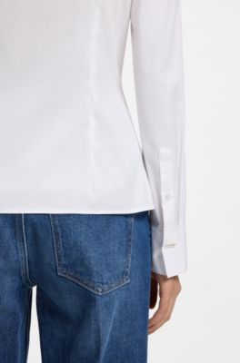 Blusa slim fit de popel&iacute;n de algod&oacute;n de planchado f&aacute;cil, Blanco