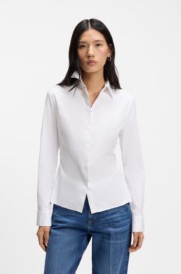Blusa slim fit de popel&iacute;n de algod&oacute;n de planchado f&aacute;cil, Blanco
