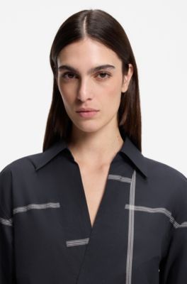 Vestido camisero en lona de algod&oacute;n a cuadros, Azul oscuro