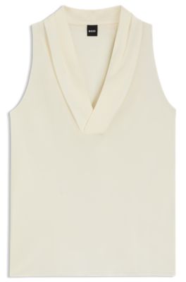 Blusa sin mangas en seda lavada a la arena con escote en pico, Blanco