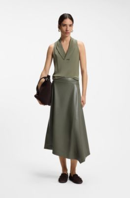 Blusa sin mangas en seda lavada a la arena con escote en pico, Verde oscuro