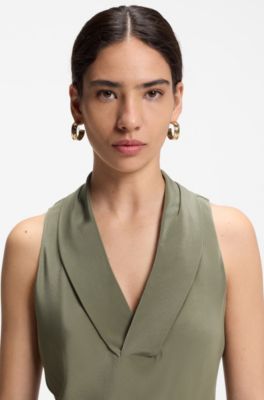 Blusa sin mangas en seda lavada a la arena con escote en pico, Verde oscuro