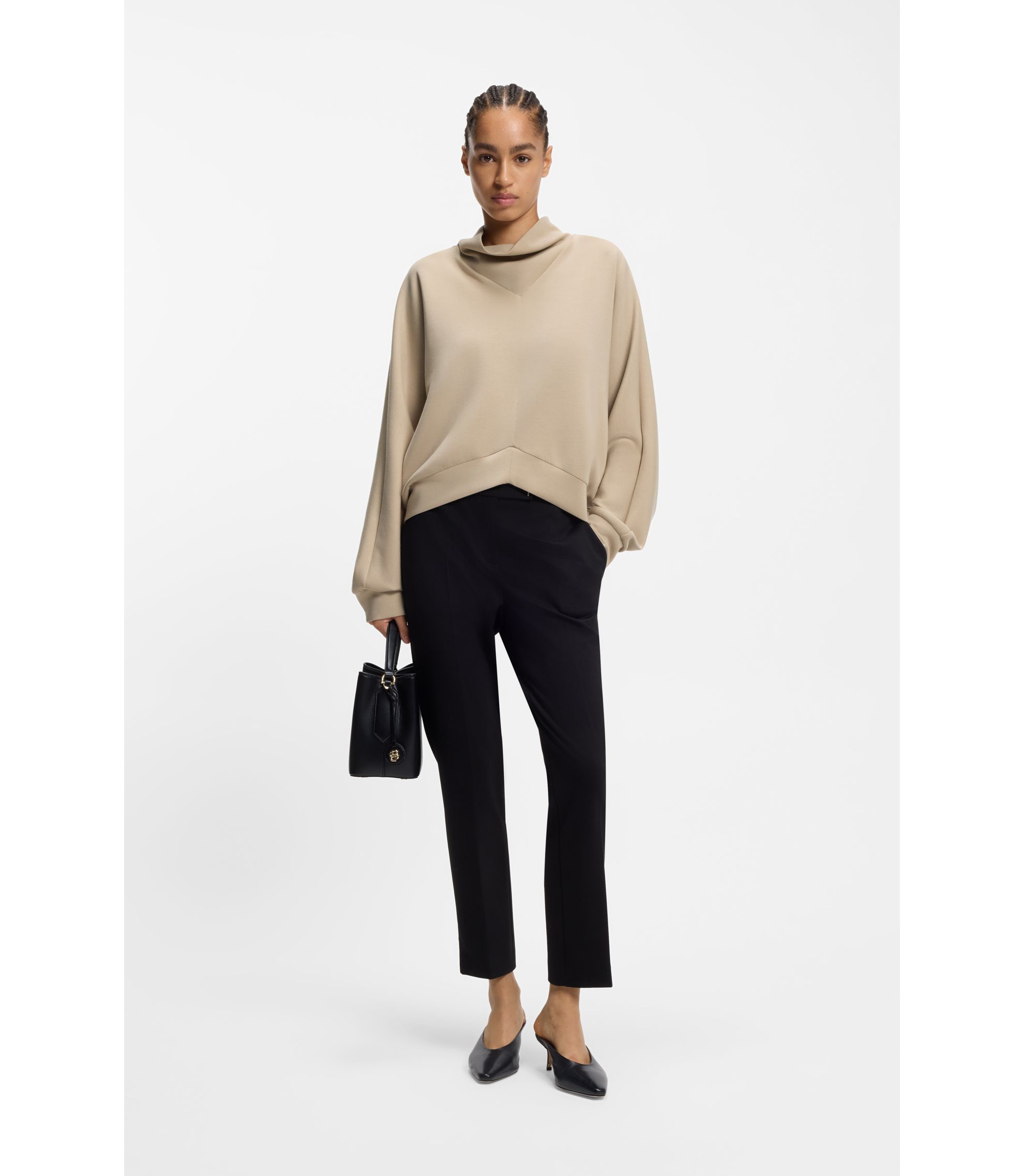 BOSS - Loose-fit sweatshirt with draped funnel neck - Light Beige