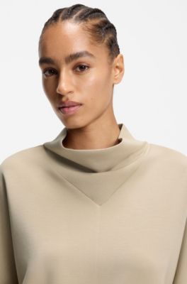 Loose-fit sweatshirt with draped funnel neck, Light Beige