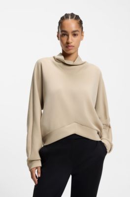 Loose-fit sweatshirt with draped funnel neck, Light Beige