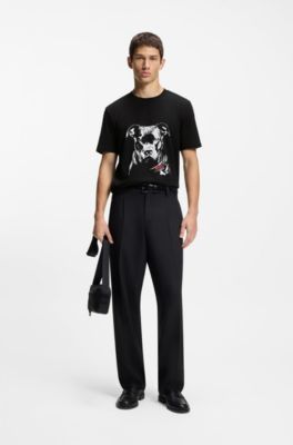 Camiseta de punto de algod&oacute;n con ilustraci&oacute;n de perro, Negro