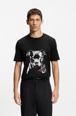 Camiseta de punto de algod&oacute;n con ilustraci&oacute;n de perro, Negro