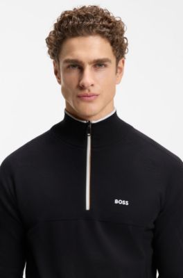 Jersey de punto mixto de algod&oacute;n con cremallera en el cuello , Azul oscuro