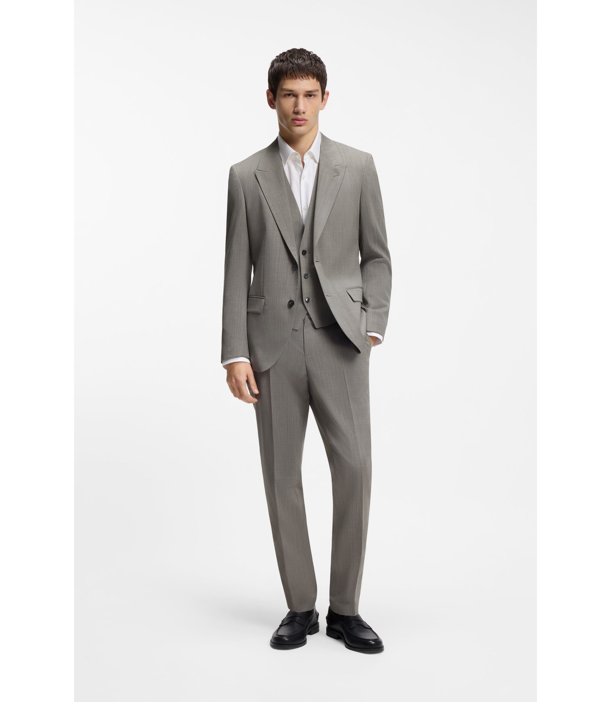 HUGO BOSS グレー 3ピーススーツ HUGO - Three-piece slim-fit suit in wool-blend poplin - Light Green