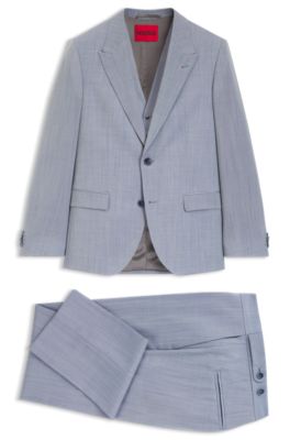 Costume Slim trois pi&egrave;ces en popeline de laine m&eacute;lang&eacute;e, bleu clair