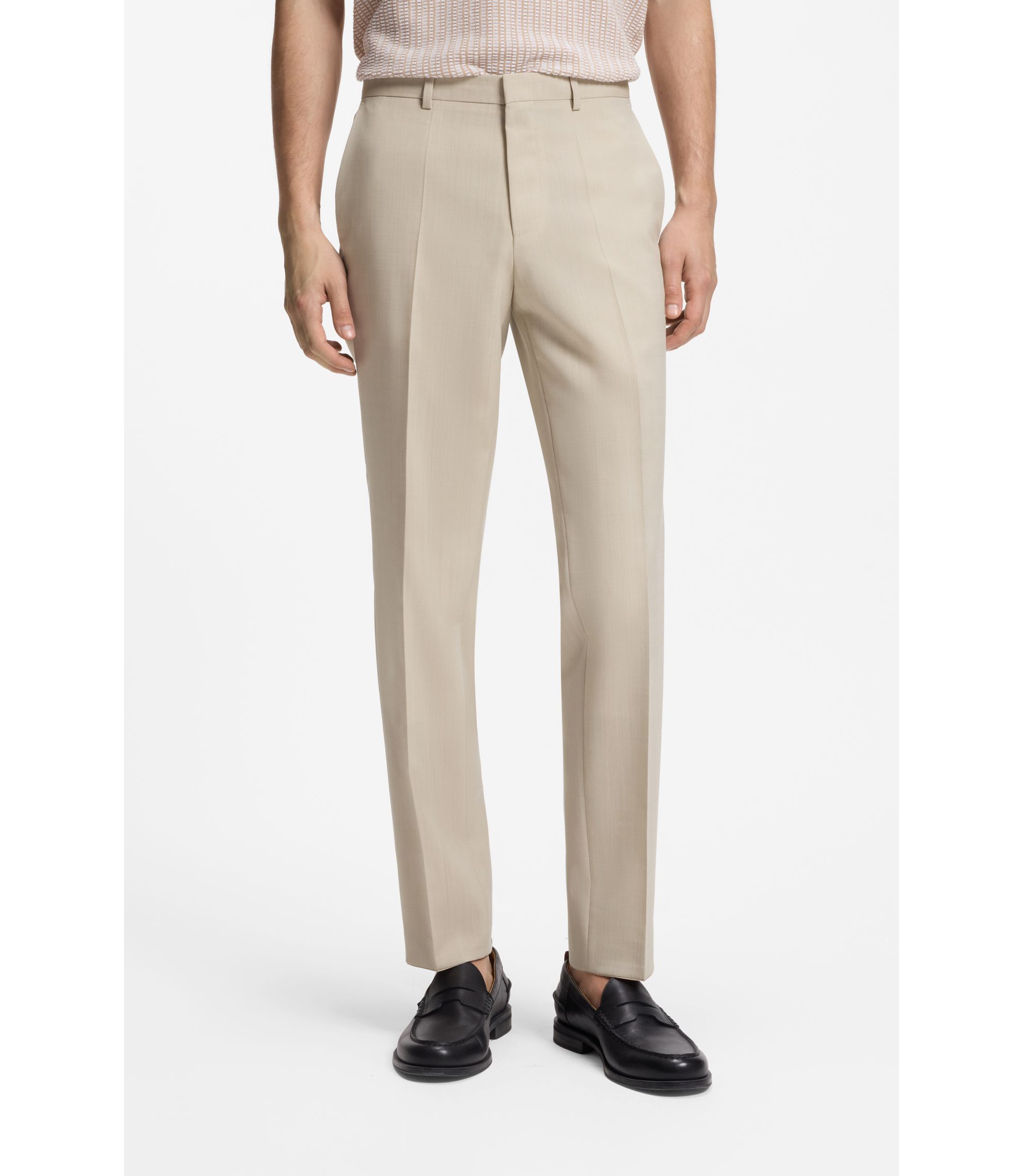 HUGO - Extra-slim-fit trousers in wool-blend poplin - Beige