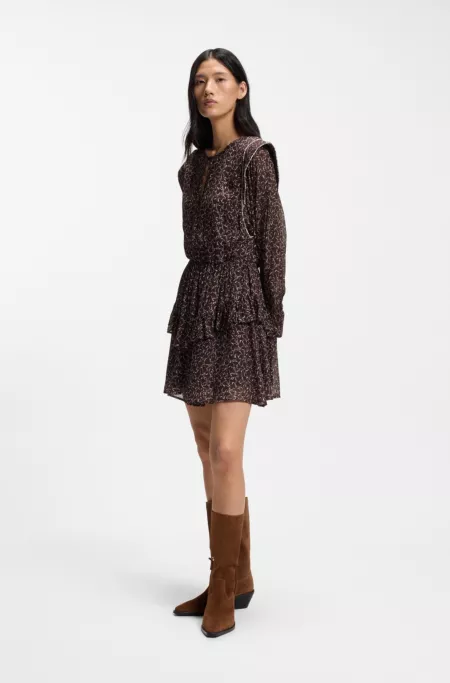 Contrast-piping mini dress with modern print