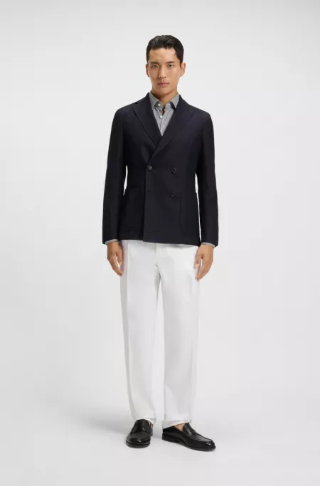 Double-breasted jacket in cotton and wool seersucker