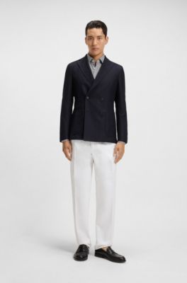 Blazer cruzado en sirsaca de algod&oacute;n y lana virgen, Azul oscuro