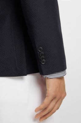 Double-breasted jacket in cotton and wool seersucker, Dark Blue