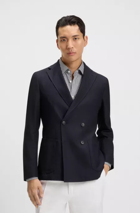 Double-breasted jacket in cotton and wool seersucker