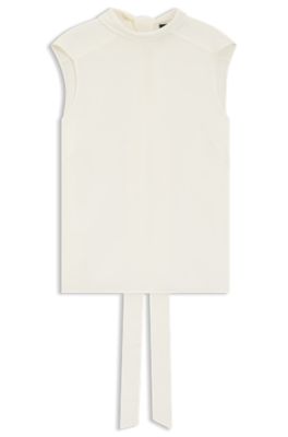 Blusa regular fit en seda lavada a la arena con lazo en el cuello, Blanco