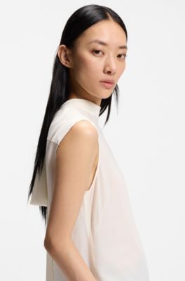 Blusa regular fit en seda lavada a la arena con lazo en el cuello, Blanco