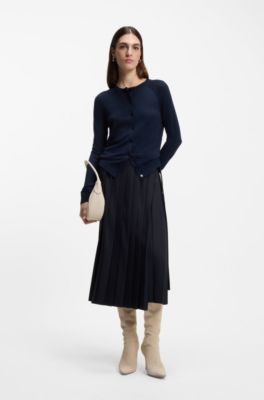 Jupe pliss&eacute;e coupe &eacute;vas&eacute;e en laine m&eacute;lang&eacute;e, Bleu fonc&eacute;