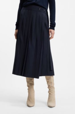 Jupe pliss&eacute;e coupe &eacute;vas&eacute;e en laine m&eacute;lang&eacute;e, Bleu fonc&eacute;