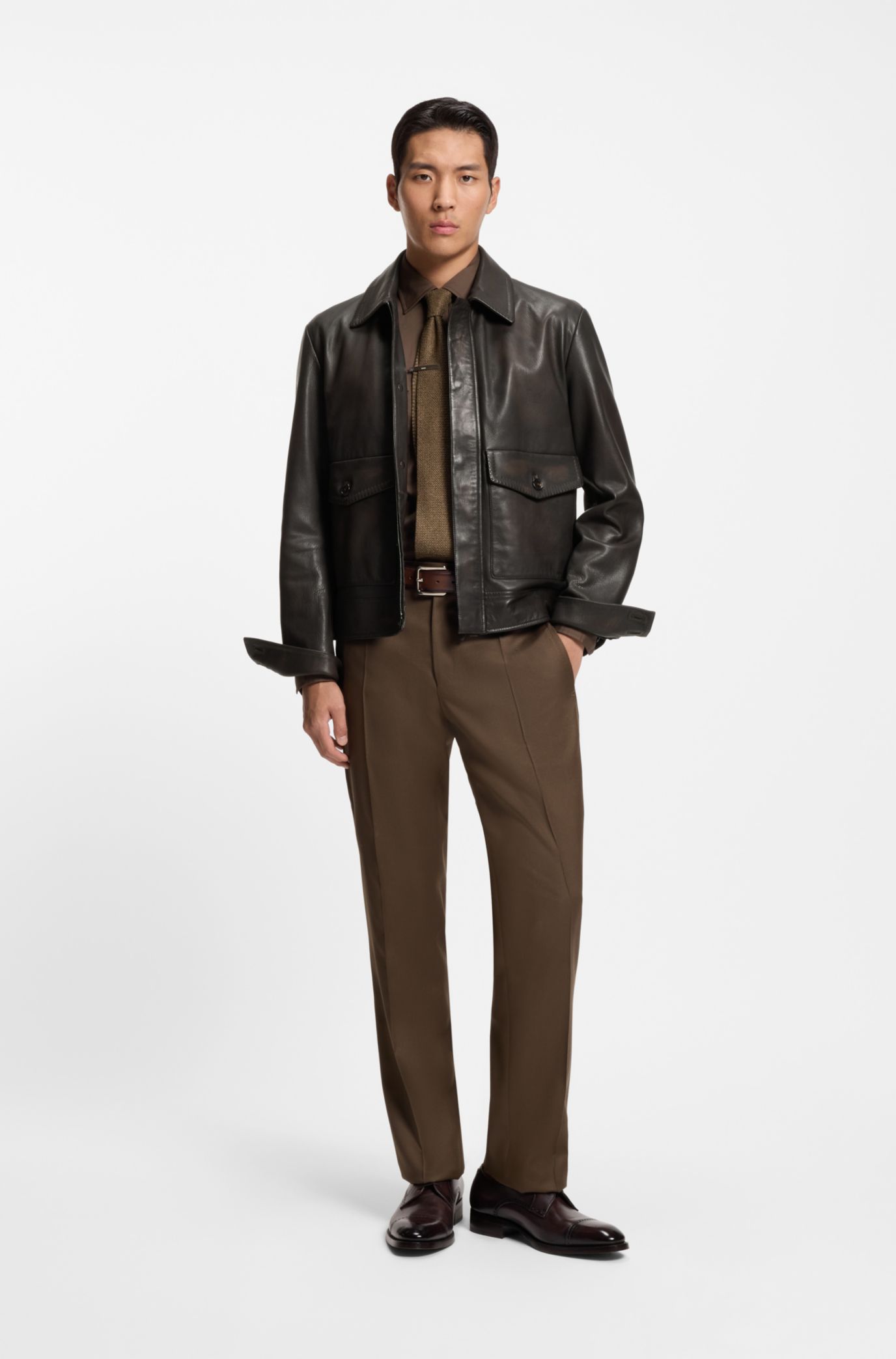 BOSS - Nappa-leather jacket in an aviator style - Dark Brown