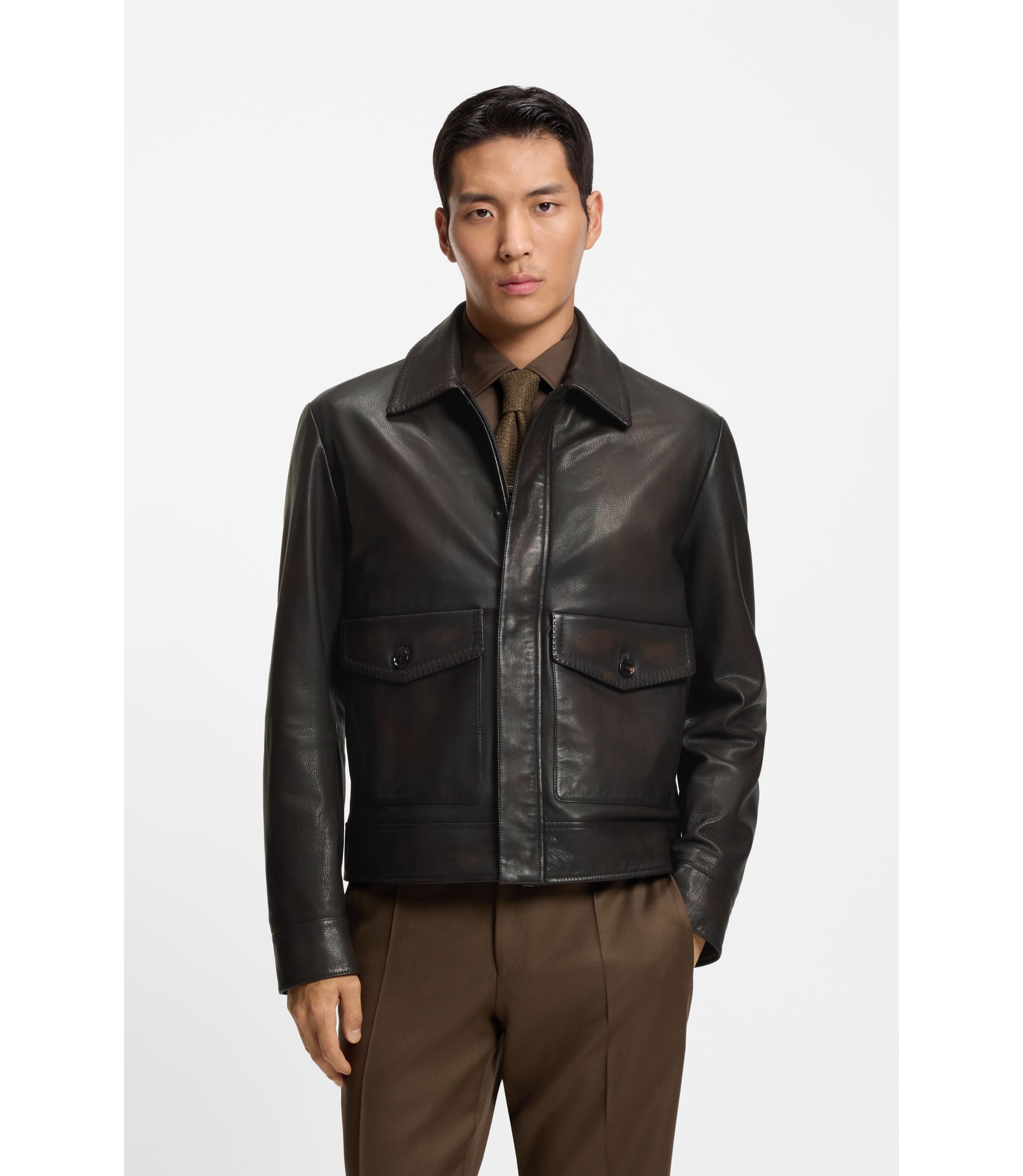 BOSS - Nappa-leather jacket in an aviator style - Dark Brown