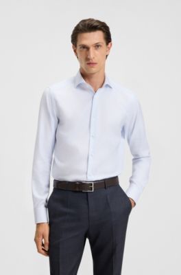 Non-iron slim-fit shirt in structured cotton, Light Blue