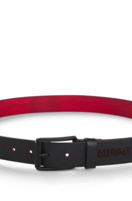 Embossed-logo belt in Italian leather, Black