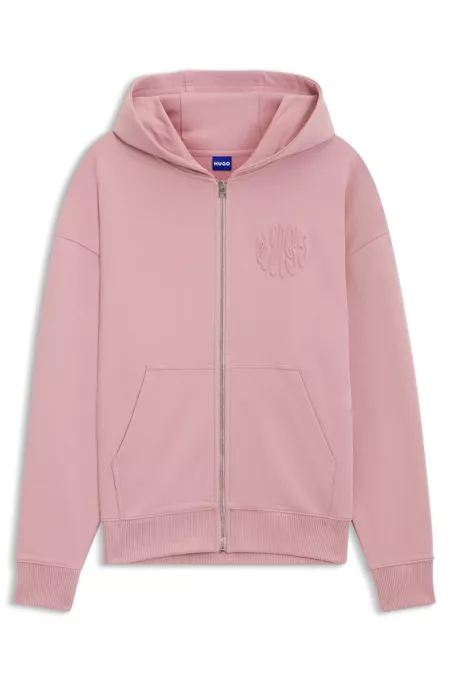Embossed-logo zip-up hoodie in cotton terry