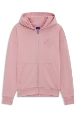 Sweat &agrave; capuche zipp&eacute; en molleton de coton &agrave; logos emboss&eacute;s, Rose clair