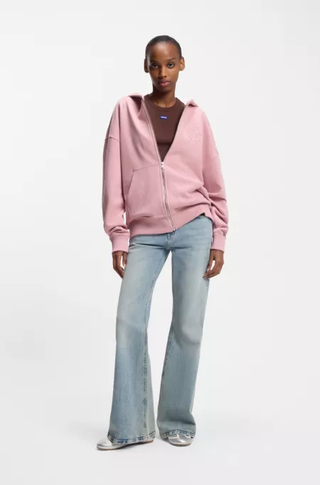 Embossed-logo zip-up hoodie in cotton terry