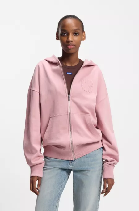 Embossed-logo zip-up hoodie in cotton terry