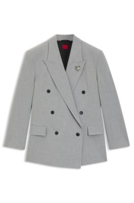 Blazer relaxed fit con broche floral esmaltado, Gris claro