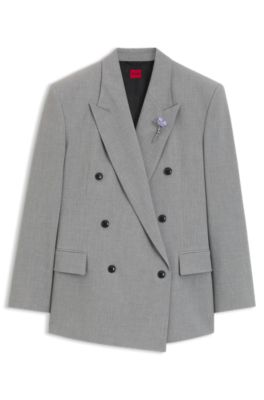 Relaxed-fit blazer with enamel flower brooch, Light Grey